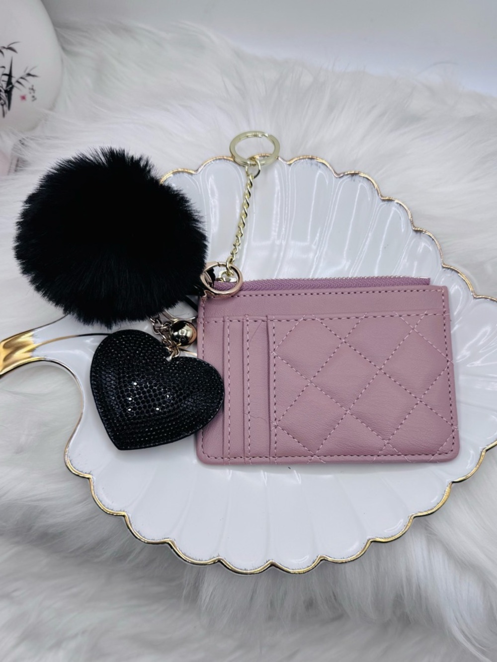 Blush Pale Pink Quilted Card Wallet w/ Pom Pom & Rhinestone Heart Keychain